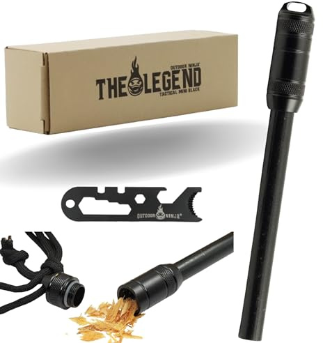 Outdoor Ninja Feuerstahl - The Legend Tactical - Schwarz FireSteel für Wandern, Bushkraft, Trekking, Camping und andere Outdoor Hobby's inkl. Multifunktionskratzer, das perfekte Survival Kit
