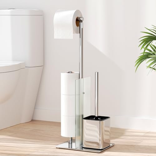 Toilettenpapierhalter Stehend mit WC Bürste - Edelstahl Garnitur mit Klopapierhalter und Klobürste, Ohne Bohren, Toilettenbürste und Klorollenhalter mit Glasregal (Silber)