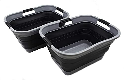 SAMMART 30L zusammenklappbarer Wäschekorb aus Kunststoff – faltbarer Pop-Up-Aufbewahrungsbehälter/Organizer – tragbare Waschwanne – platzsparender Wäschekorb (Grau/Schwarz)