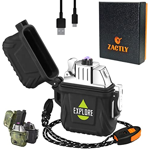 Zactly MODEL AL04 Electric Dual Arc USB Lighter Multifunction Waterproof Windproof Dustproof Rechargeable Flameless with Lanyard & Emergency Whistle, Kitchen, Camping & Outdoor Survival Tool (BLACK)