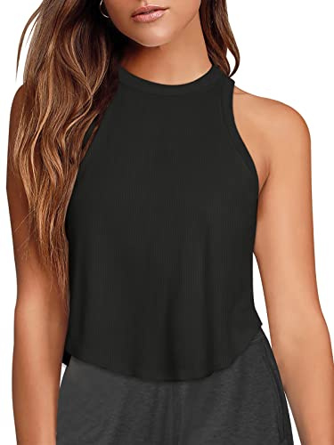 LASLULU Womens Sleeveless Tank Tops Workout Yoga Tops Racerback Crop Tops Loose Athletic Sport Shirts Muscle Tank Casual Crop Tops for Teen Girls(Black Medium)
