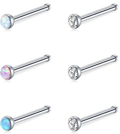 Incaton 6 Stk Nasenpiercing 20G 0.8mm Nasenstecker L Nasen Piercing Edelstahl Opal CZ Nasenschmuck für Männer Frauen