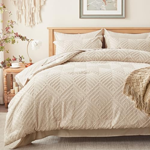 Zzlpp Full Comforter Set 7 Pieces, Beige Tufted Bed in a Bag with Comforter and Sheets, All Season Boho Bedding Sets with 1 Comforter, 2 Pillow Shams, 2 Pillowcases, 1 Flat Sheet, 1 Fitted Sheet