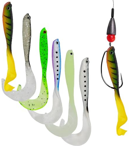 DHER angelköder Set Rubber Fishing kunstköder Lure Artificial Rubber Fishing Lure Artificial 6 Stück Lockenschwanz-Weichköder, Hecht- und Hecht-Gummifisch mit Drehschwanz, Angel-Gummifisch