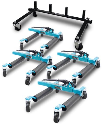 BITUXX 4X PKW Rangierhilfe Rangierheber mechanisch Wagenheber Auto Rangierroller Rangierheber belastbar bis 560 kg pro Rangierroller inlkusive Transportständer
