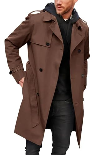 Runcati Abrigo para hombre con doble botonadura, gabardina de manga larga, chaqueta de negocios con solapa y cinturón, marrón, M