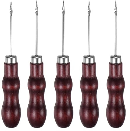 sourcing map 5pcs Handwork Sewing Awl Double Gourd Hook Head Awl Leather Punch Hole Tool with Wooden Handle Scratch for Broken Wire Drilling Stitching Repair and DIY Handmade, Rosewood Color