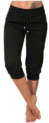 Jamicy Damen Sommer Caprihose Jogginghose Lässig Locker Bequem 3/4 Lange Hose Baumwolle Sommerhose Yoga Fitness Activewear mit Tasche für Sport und Freizeit Blitzangebote des Tages Schwarz XL