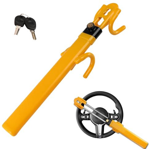 Twilight Garage Steering Wheel Lock Twin Bar, Car Steering Wheel Locks, Heavy Duty Car Lock Anti-Theft Device, Adjustable Length Clamp Double Hook Locks with 2 Keys, Universal Fit (Yellow)