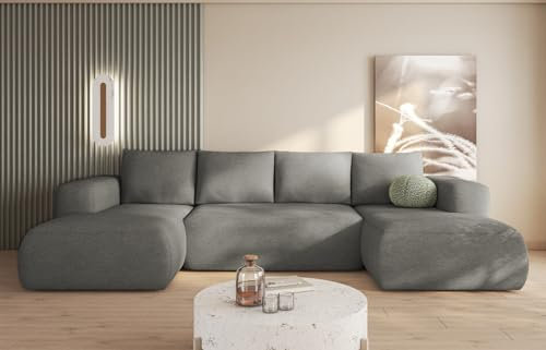 MODERNO Ecksofa mit Schlaffunktion und Bettkasten LAMBI U - Sofa mit +3 Sitzen - Schlafcouch Wohnlandschaft U Form - Modern Couch 338x164x89 cm - Big Sofa XXL Grau