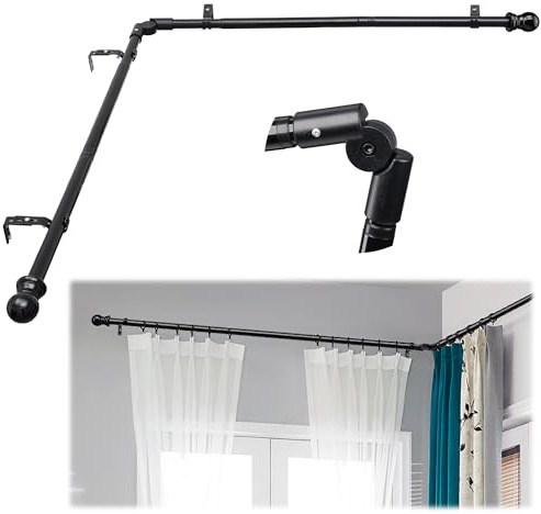 Corner Curtain Rod for Windows 30 to 136 Inches, L-shaped Curved Heavy Duty Corner Window Curtain Rods, Adjustable Renter Friendly 1 Inch Black Drapery Rods for Bedroom Living Room