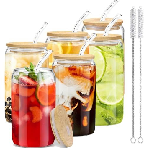 Cnwinu Trinkbecher mit Deckel und Strohhalm,Kaffeetassen Set 6er,16 OZ Bubble Tea Set,Bubble Gläser für Milchtee,Latte,Macchiato,Eiskaffee, Soda, Säfte (6)