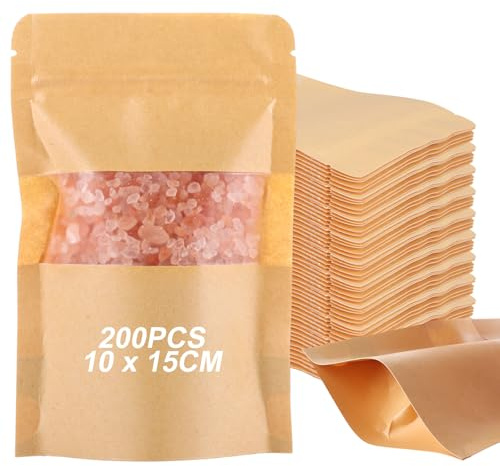 YOUNTHYE 200PCS Kraft Paper Bags With Window, 10x15cm Resealable Brown Bags for Dried Food, Nuts, Coffee, Tea, Seeds