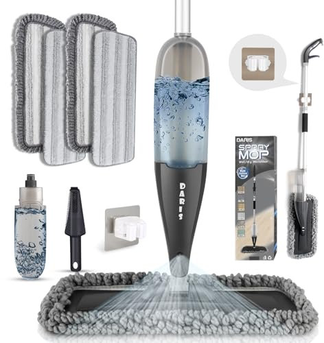 Nero Mocio spray per la pulizia dei pavimenti, con 4 panni lavabili in microfibra a umido e asciutto, con flacone ricaricabile da 800 ml, per casa, cucina, pavimenti in legno, laminato, piastrelle di