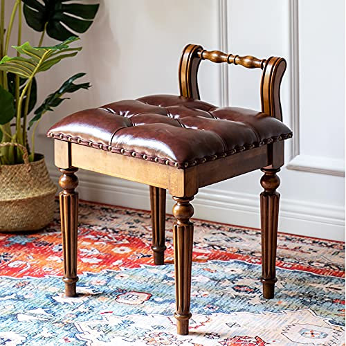 Rustikaler Schminkhocker mit Rückenlehne, geschnitzter Holzstuhl für Schlafzimmer, Wohnzimmer, Leder-Polsterung, Make-up-Bank, Sitz, Schminkhocker, 45 x 43 x 59 cm