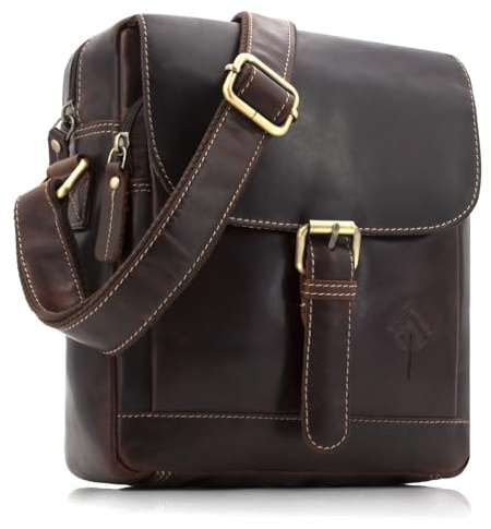 JOREY Elegante Leder Umhängetasche für Herren, Kompakte und Funktionale Tasche für den Alltag und Büro (Dunkel-Braun)