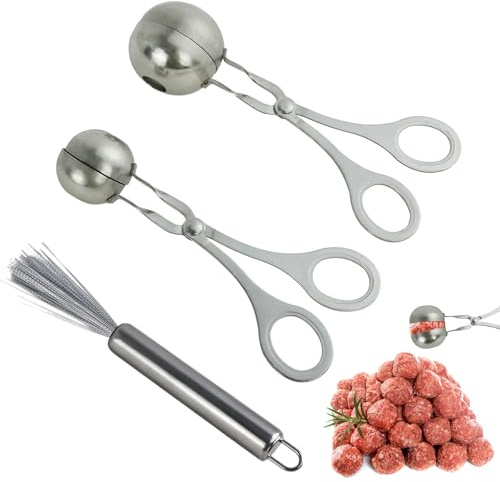 2PCS Meatball Maker with Cleaning Brush, WATUNID Meat Baller Maker with Anti-Slip Handles, Stainless Steel Meatball Scoop Ball Maker, None-Stick Baller Tongs, Cake Pop Roller, Ice Tongs(Small, Large)