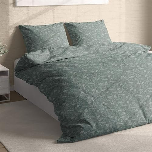 Träumschön Biber Bettwäsche Set 4tlg 135 x 200 cm Grün – Blumen Ranken Design – Flauschige Winterbettwäsche - Bettbezug + Kissenbezug 80x80 cm - Bettwäsche Set Weihnachten - 100% Baumwolle