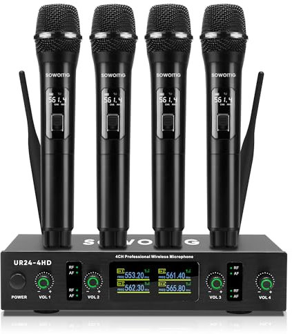 SOWOITIG 4-Kanal UHF Funkmikrofon Set mit 4 kabellosen Handmikrofonen – Pro Drahtloses Mikrofon Mikrofonsystem mit Empfänger, 90 m Reichweite – für Zuhause, Party, Karaoke, Familienfeier & Events