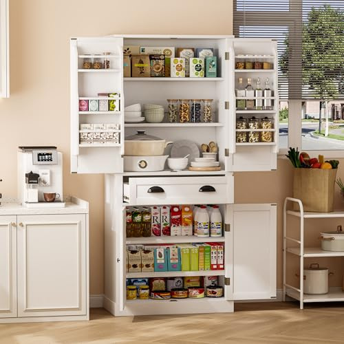 DRIXNO 182 cm Aufbewahrungsschrank, 2 Türen mit Ablageflächen, 6 Staufächer und 4 verstellbare Ablageflächen,4 Türen und 1 Schublade, geeignet für Küche, Esszimmer und Wohnzimmer, Weiß ﻿