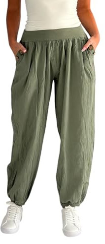 Mississhop 297 Damen leichte einfarbige Hose Sommerhose Haremshose Ballonhose Pluderhose Pumphose Aladinhose Sommer Uni Baggy Pants Oliv