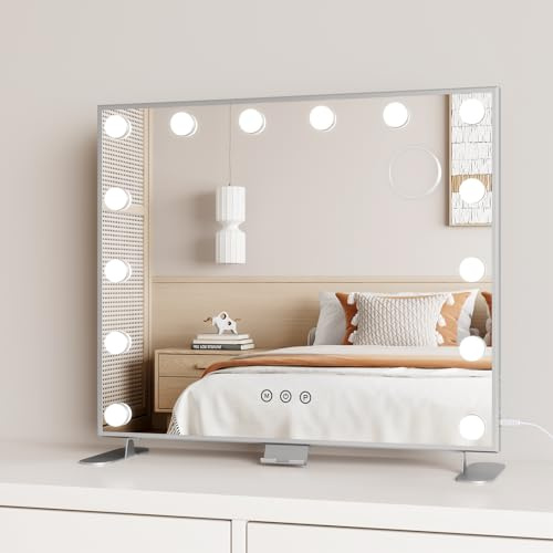 Moziel 60x53cm Specchio da Trucco Hollywood con Luci a 14 Led Montato a Parete o sul Tavolo, 3 Colori di Luce e Funzione di Luminosità Regolabile, D’argento