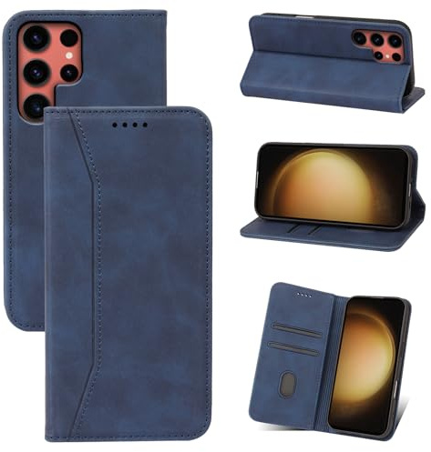 Qizyemy Kompatibel mit Handyhülle für Samsung Galaxy S23 Ultra Hülle,Magnetische Klappbar Flip Case Premium PU Leder 360 Grad Schutz Case Standfunktion Kartenfächern Schutzhülle für(Blau)
