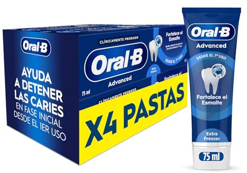 Oral-B Advanced Fortalece El Esmalte Pasta de Dientes, Pack 4x75 ml | Dentífrico Anticaries con Fluoruro de Estaño, Protege El Esmalte, Sabor Eucalipto Refrescante