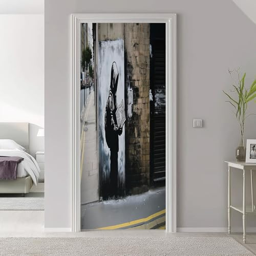 3D Türaufkleber Grau Banksy Streetart Graffiti Selbstklebend PVC Wasserdicht Abnehmbar Türfolie Fototapete für Wohnzimmer Schlafzimmer Küche Bad Büro Dekoration, 88 x 200 cm