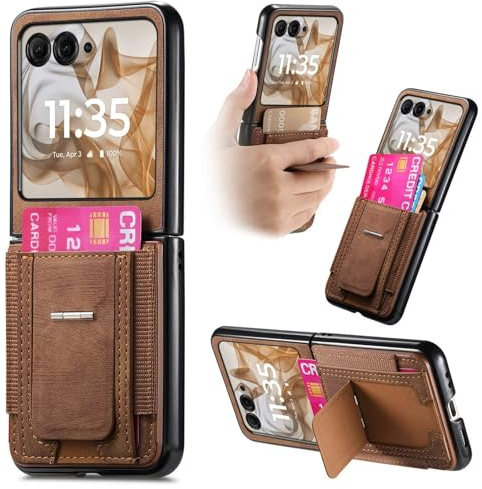 COQUE Rétro à Charnière pour Samsung Galaxy Z Flip 7, Housse Antichoc avec Support Intégré, Porte-Cartes et Anneau Design, pour Samsung Galaxy Z Flip 7-Brun
