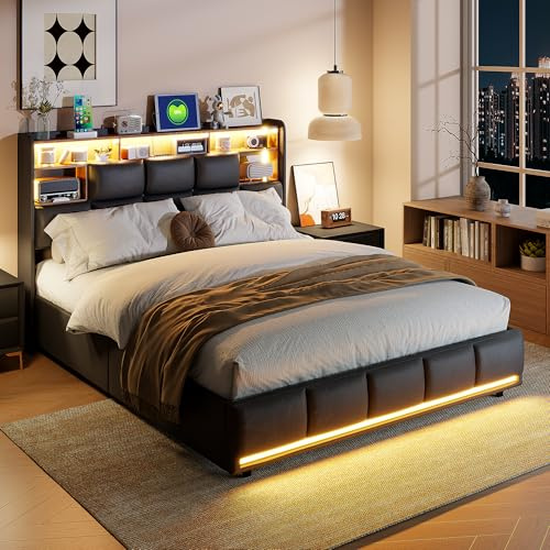 Polsterbett Doppelbett 160x200 cm,Hydraulisch Stauraumbett LED Doppelbett Mit Ladeportfunktion Funktionsbett Nachttisch mit Ladefunktion bett mit stauraum boxspringbett (Schwarz+PU-2, 160x200)