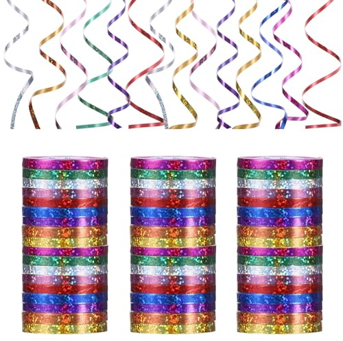 54 Rollen Luftschlangen Geburtstag Glitzerband, 5mm x 10m Glitzer Basteln Bunte Bänder Geschenk Band Geschenkband Bunt für Basteln und Verpacken, Geschenkverpackung, Geburtstags Deko