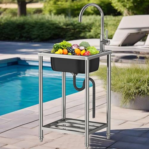 Lavello in Cucina Acciaio Inox Lavello 1 Vasca autoportante per esterni,Lavandino Camper Mobile Lavabo Commerciale con Rubinetto,per Garage Ristorante lavanderia
