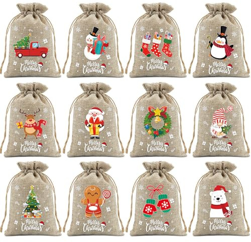 Lxtness 12Pcs Bolsas Regalos Navidad Yute 10x15cm, Bolsitas Navidad, Saquitos de Tela Navideñas Pequeñas, Lino Arpillera Algodón con Cordón para Chuches Caramelos Dulces Joyas Favores Fiesta