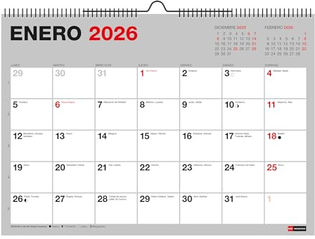 Miquelrius - Calendrier mural basique 2026, organiseur annuel A4 : 296 x 210 mm, avec espace pour noter, reliure spirale double, planificateur 12 mois, espagnol