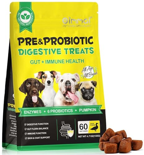 Dog Probiotics for Gut Health – 6 Billion CFU Multi-Strain Digestive Treats – Vet-Formulated Probiotics for Dogs, Dog Diarrhea Treatment, Immune & Skin Support – 60 Duck-Flavoured Chews