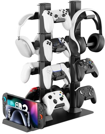 Headset Halterung & Controller Ständer für den Tisch, 4 stufiger Kopfhörer Halter mit Organizer für Xbox/Switch/PS4/PS5/PS Portal, Spiele Aufbewahrung für 16 Controller & Kopfhörer, Gaming Zubehör