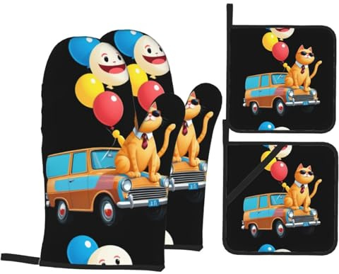 WHJSHOP Ensemble de pâtisserie de cuisine amusant avec motif étoile de chat, gants de four, épais et isolants 4 pièces