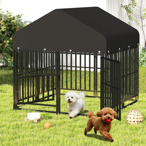 PANTAZO Small Dog Kennel Outdoor with Double Safety Locks 49''x47''x51'' Heavy Duty Welded Wire Steel Pet Pen Dog Enclosure with UV-Resistant Waterproof Roof