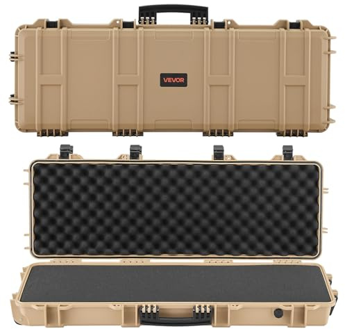 VEVOR Waffenkoffer mit Hartschale für Langwaffen, abschließbarer Gewehrkoffer mit vorgeschnittenen Schaumstoffen, Langwaffenkoffer Waffenaufbewahrung rollbar IP67 wasserfest, 1391x435x188 mm Khaki