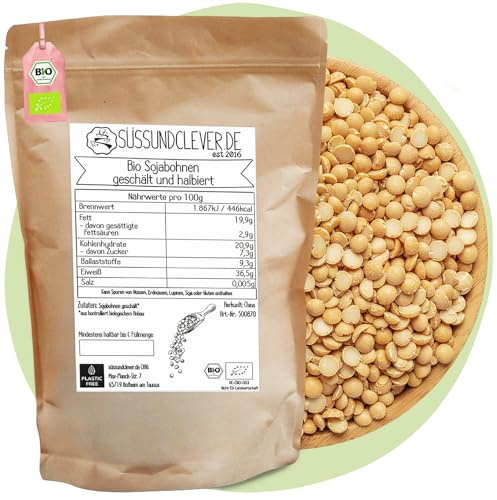 süssundclever.de® Bio Sojabohnen geschält & halbiert | 1,0 kg | Sojasplit | Ideal für Tofu und schnelle Zubereitung | Ohne Zusätze | in ökologisch-nachhaltiger Verpackung