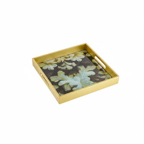 Baroni Home Vassoio da Cucina con Fondo in Vetro a Fantasia Astratta, Vassoio da Portata con Bordo e Manici in Legno, Vassoio Quadrato Oro Decorato, 28x28x4,5 cm