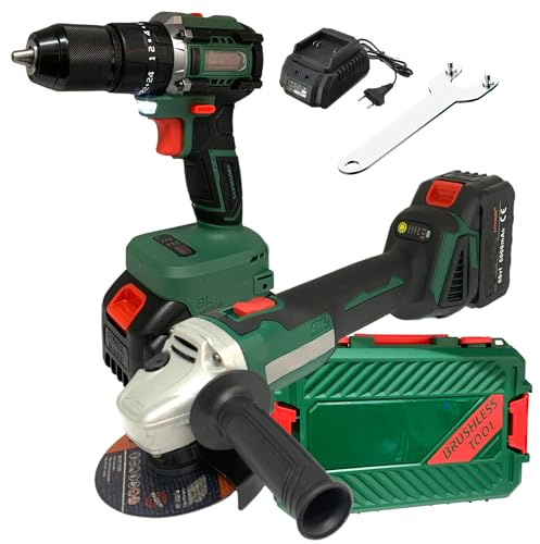 Set 2 in 1 Trapano Avvitatore con Percussione 2 Velocità Mandrino in Metallo 13mm con Luce Led + Smerigliatrice Angolare 115mm con Regolazione Velocità 2 Batterie 68V 6AH Motore Brushless