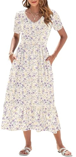 AUSELILY Vestito Estivo da Donna Abito Lungo a Maniche Corte Abito Lungo da Donna Abito Estivo da Spiaggia con Scollo a V e Vita Impero con Tasche