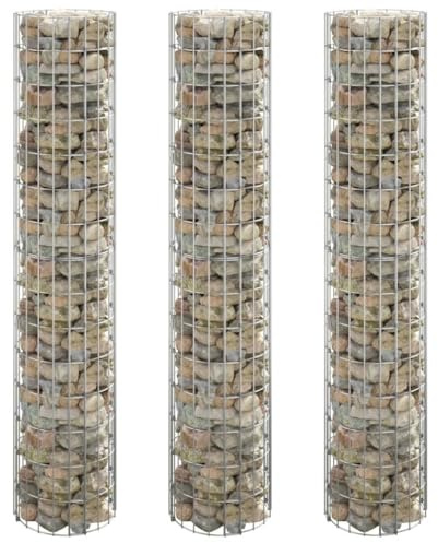 Mokuyary Aiuola rialzata per gabbioni, 3 pezzi, rotonda in acciaio zincato, Ø 30 x 150 cm, cestino in pietra in metallo, muro di pietra come recinzione da giardino, griglia per gabbioni