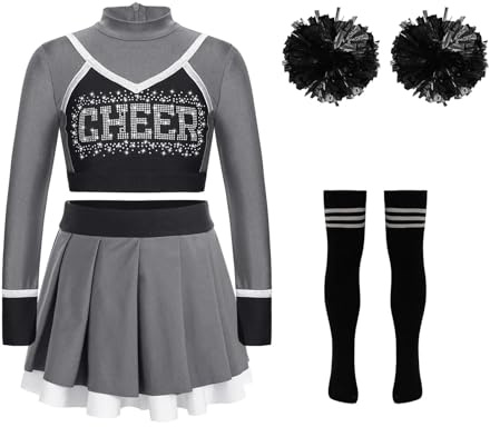 CNYUON barn Cheerleading, uniform, Cheerleading, danskläder, magtröja, veckad kjol, blomma, bollar, strumpor för jublande, danskläder, set för Cheerleading, klänning (B grå, 14)