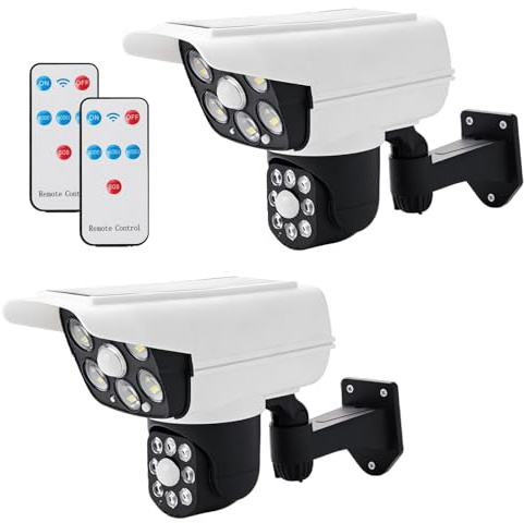 Kamera Attrappe Dummy Kamera, 2 Stück Überwachungskamera Attrappe mit Rot Blinkender LED, Kamera Atrappe Außen mit Fernbedienung, Solar Betriebene Simulierte Dummy Surveillance Sicherheit Kamera