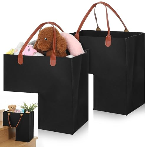 2 Pack Stair Basket with Leather Handle, Upgraded Foldable Step Basket Bins for Stairs, Felt Staircase Storage Organizer with Supporting Insert for Carpeted Wooden Stair, Book, Clothes, Computer
