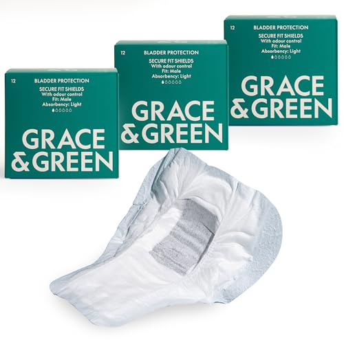 Grace & Green Men's Light Bladder Protection Shields, 3 x 12 Pack | Male Anatomy Pouch Front, Absorbs 90 ml, 3D Leak Barrier, Bamboo Topsheet, Charcoal Odour Control, Dry Comfort, Non-Bulky