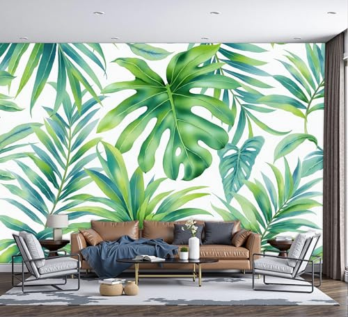 GSAEIMCT Papier Peint Panoramique Plantes À Feuilles De Palmier 200X140Cm Décoration Murale Moderne,Tapisserie Décorative Pour Chambre Salon,Aquarelle Tropicale,Vert
